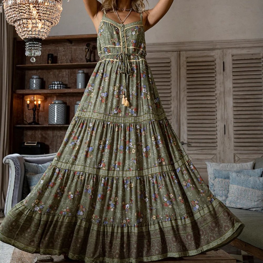 TULLE & BATISTE Joanna Maxi Frill Dress Olive Floral - Medium